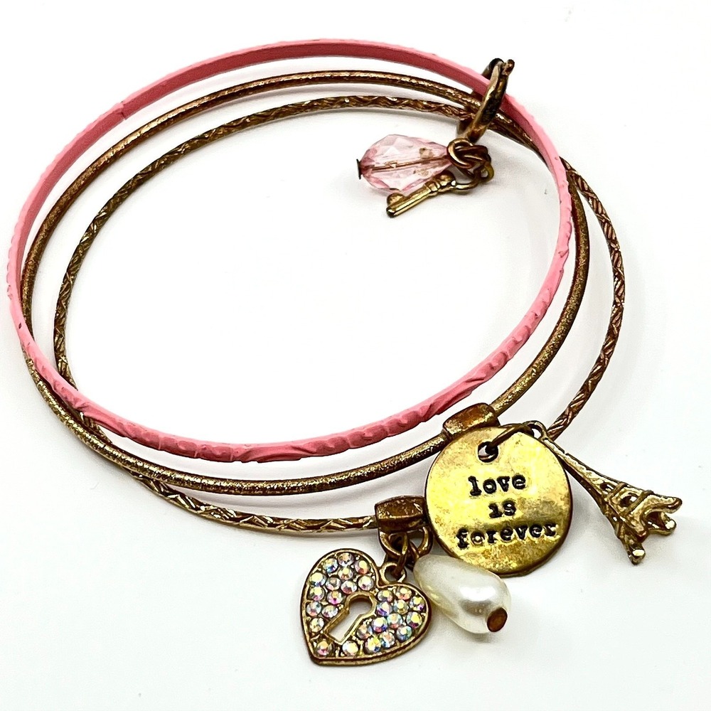 Vintage Romantic Charm Bangle Set Pink Gold Tone Eiffel Tower Heart 3pc‎ Classic